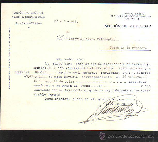 Old Invoices: UNION PATRIOTICA. REVISTA QUINCENAL. MADRID. 1928. FACTURA DE PUBLICIDAD