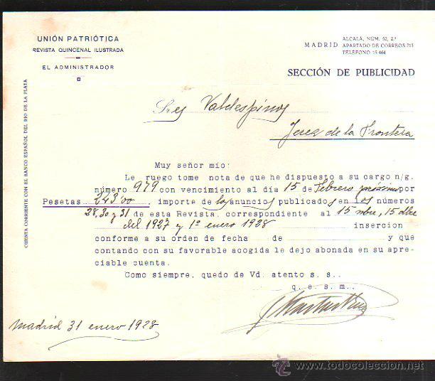 Old Invoices: UNION PATRIOTICA. REVISTA QUINCENAL. MADRID. 1928. FACTURA DE PUBLICIDAD