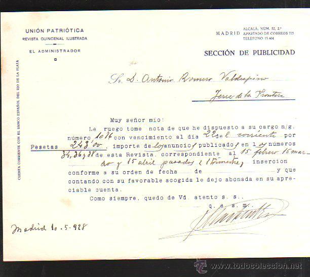 Old Invoices: UNION PATRIOTICA. REVISTA QUINCENAL. MADRID. 1928. FACTURA DE PUBLICIDAD