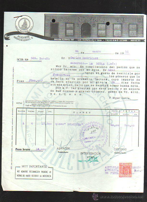 Old Invoices: FACTURA. MIGUEL GARCIA. QUESO MANCHEGO. MARCA DULCINEA. MADRID. 1956