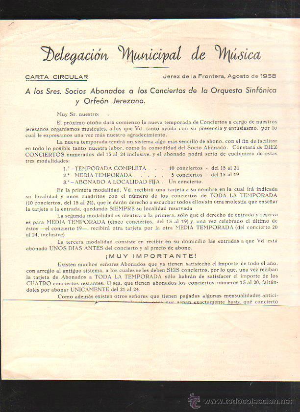 Old Invoices: CIRCULAR. DELEGACION MUNICIPAL DE MUSICA. JEREZ DE LA FRONTERA. 1958. CON CUADRO DE EQUIVALENCIAS