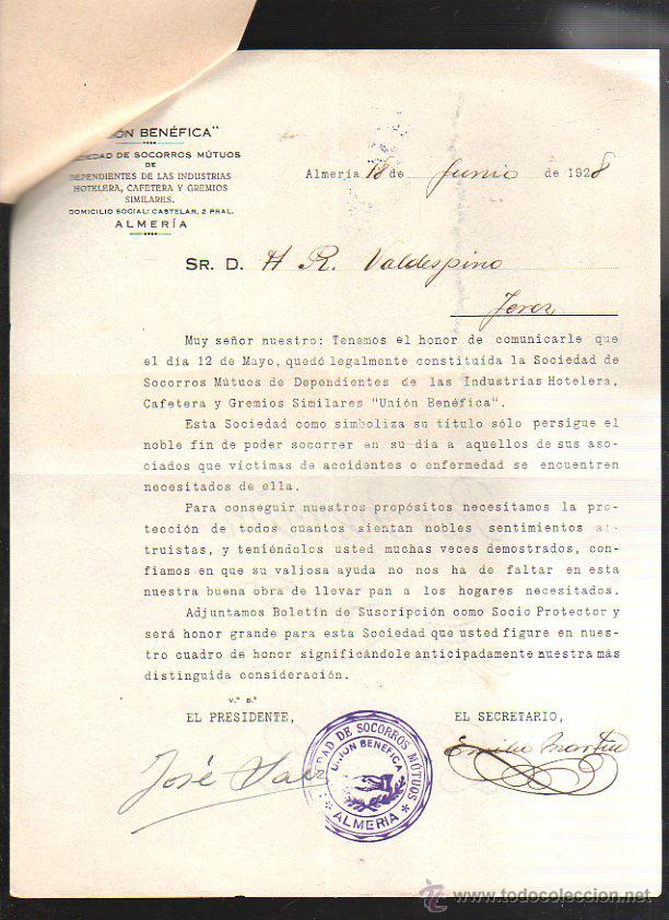 Old Invoices: CIRCULAR. UNION BENEFICA. SOCIEDAD DE SOCORROS MUTUOS. ALMERIA. 1928. CON BOLETIN DE SUSCRIPCION