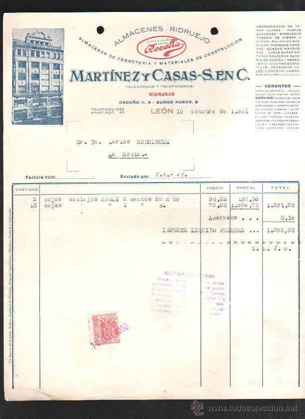 Old Invoices: FACTURA COMERCIAL. MARTINEZ Y CASAS - S EN C. ALMACENES RIDRUEJO. ROCALLA. LEON. 1951