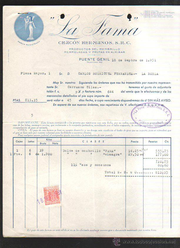 Old Invoices: FACTURA. LA FAMA. CHACON HERMANOS. PRODUCTOS DEL MEMBRILLO. PUENTE GENIL, CORDOBA. 1951