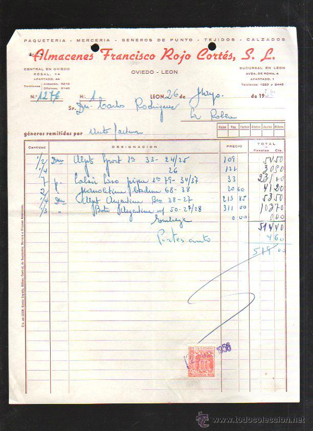 Old Invoices: FACTURA. ALMACENES FRANCISCO ROJO CORTES S.L. OVIEDO - LEON. 1956. TEJIDOS