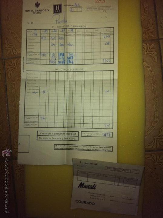 Faturas antigas: Factura hotel Carlos V (Toledo) y factura maxcali - a&ntilde;os 70