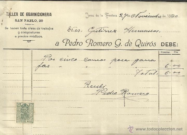 Alte Rechnungen: FACTURA DE PEDRO ROMERO G. DE QUIR&Oacute;S. TALLER DE GUARNECIONERIA. JEREZ DE LA FRONTERA. C&Aacute;DIZ. 1920