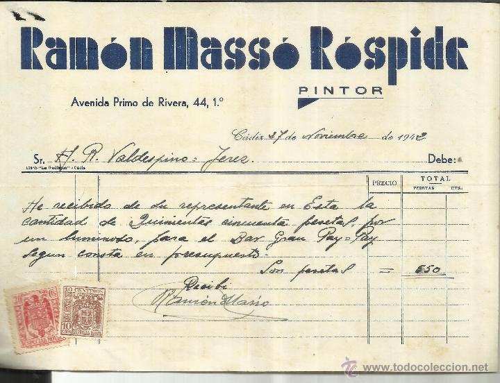 Alte Rechnungen: FACTURA DE RAM&Oacute;N MASS&Oacute; ROSPIDE. PINTOR. C&Aacute;DIZ. 1942