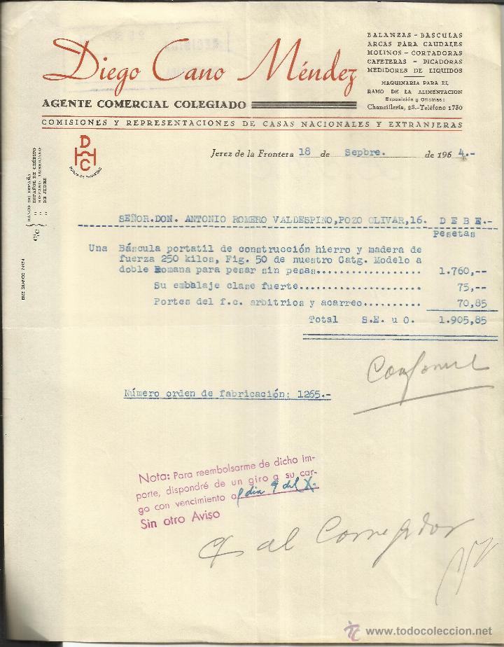 Alte Rechnungen: FACTURA DE DIEGO CANO M&Eacute;NDEZ. AGENTE COMERCIAL. JEREZ DE LA FRONTERA. C&Aacute;DIZ. 1954