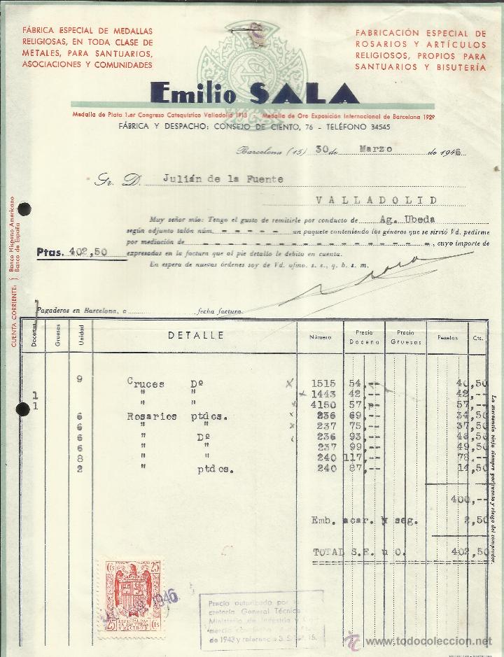 Alte Rechnungen: FACTURA DE EMILIO SALA. F&Aacute;BRICA DE MEDALLAS RELIGIOSAS. BARCELONA. 1946