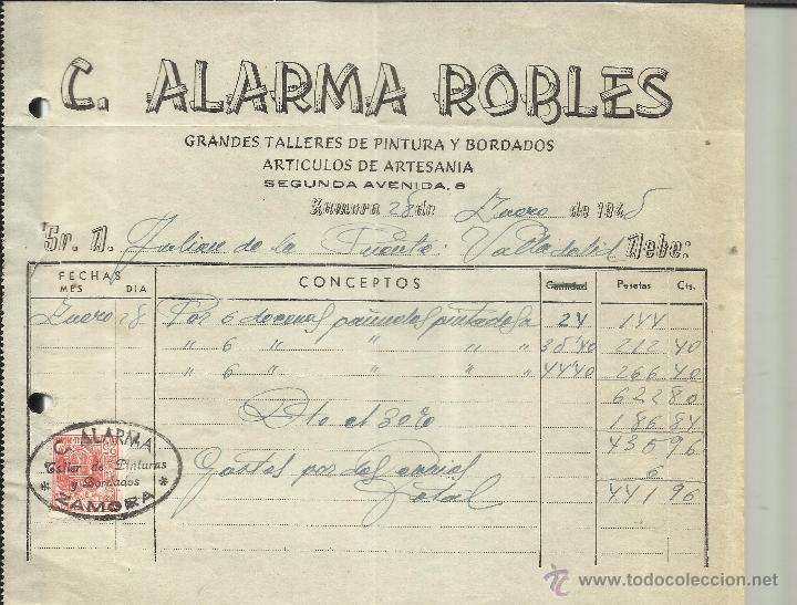 Alte Rechnungen: FACTURA DE C. ALARMA ROBLES. TALLERES DE PINTURA. ZAMORA. 1945