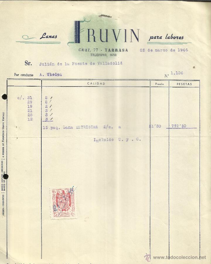 Alte Rechnungen: FACTURA DE IRUVIN. LANAS PARA LABORES. TARRASA. BARCELONA. 1946