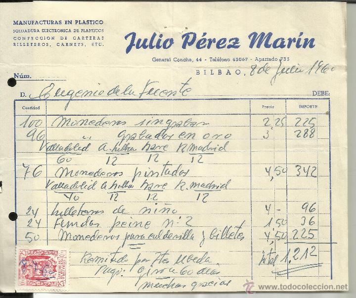 Fatture antiche: FACTURA DE JULIO P&Eacute;REZ MAR&Iacute;N. BILBAO. 1960