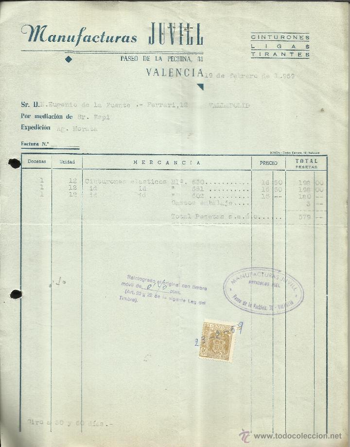 Old Invoices: FACTURA DE MANUFACTURAS JUVILL. CINTURONES, LIGAS, TIRANTES. VALENCIA. 1959