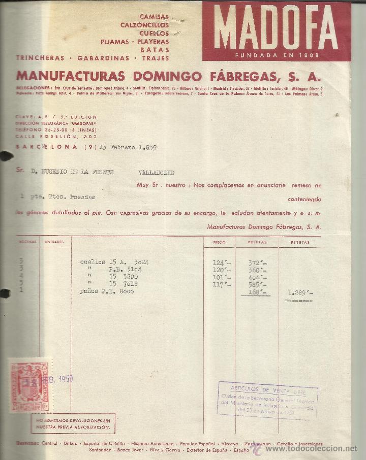 Old Invoices: FACTURA DE MADOFA. MANUFACTURAS DOMINGO F&Aacute;BREGAS. BARCELONA. 1959