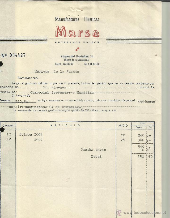 Old Invoices: FACTURA DE MARSE. MANUFACTURAS PL&Aacute;STICAS. ARTESANOS REUNIDOS. MADRID
