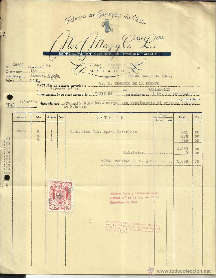 Old Invoices: FACTURA DE NO&Eacute; MAS Y C&ordf; LIMITADA. G&Eacute;NEROS DE PUNTO. MATAR&Oacute;. BARCELONA. 1959