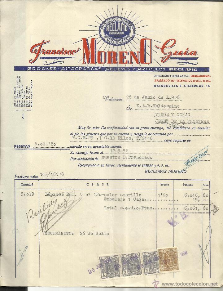 Old Invoices: FACTURA DE FRANCISCO MORENO GUIA. EDICIONES LITOGR&Aacute;FICAS, RELIEVES. VALENCIA. 1958