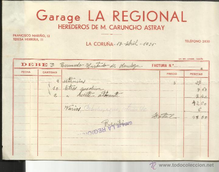 Old Invoices: FACTURA DE GARAGE LA REGIONAL. HEREDEROS DE M. CARUNCHO ASTRAY. LA CORU&Ntilde;A. 1935