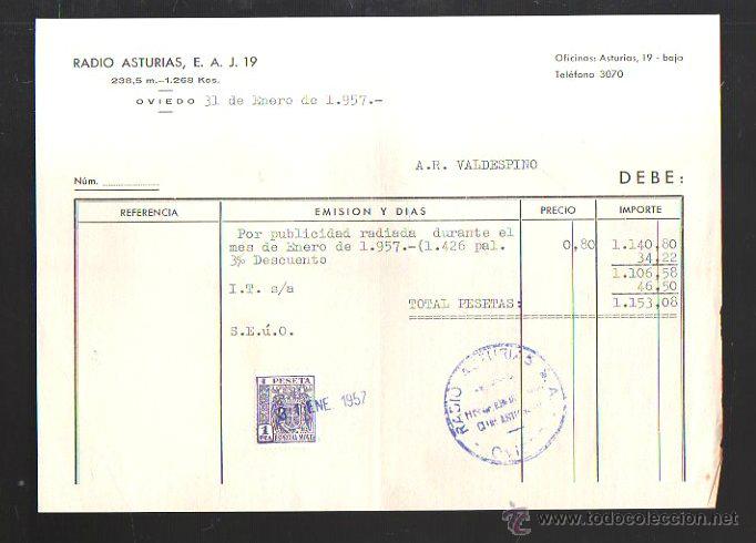 Old Invoices: FACTURA. RADIO ASTURIAS E.A.J. 19. OVIEDO. 1957. PUBLICIDAD