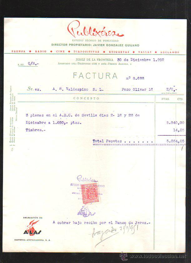 Old Invoices: FACTURA. PUBLIXEREZ. ESTUDIO DE PUBLICIDAD. JEREZ DE LA FRONTERA. DICIEMBRE 1950.