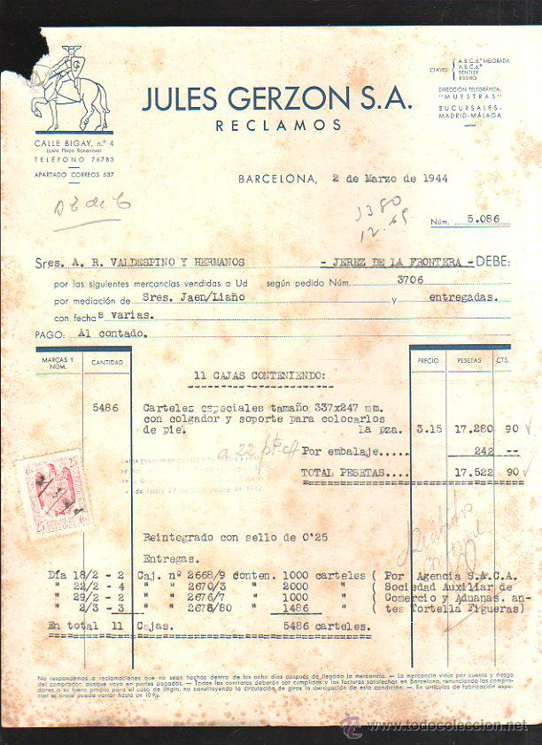 Old Invoices: FACTURA. JULES GERZON S.A RECLAMOS. MARZO 1944. BARCELONA