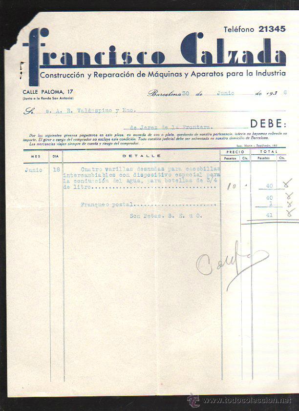 Old Invoices: FACTURA. FRANCISCO CALZADA. MAQUINARIA INDUSTRIAL. BARCELONA. 1936
