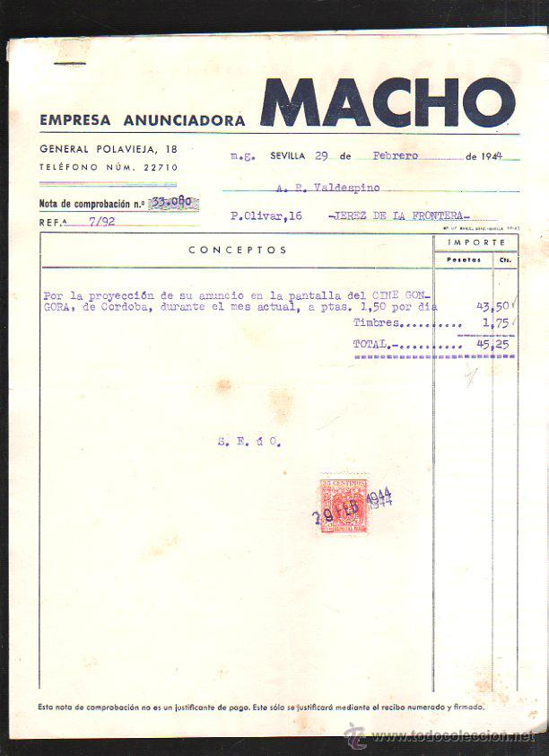 Old Invoices: FACTURA. EMPRESA ANUNCIADORA MACHO. SEVILLA 1944. PUBLICIDAD
