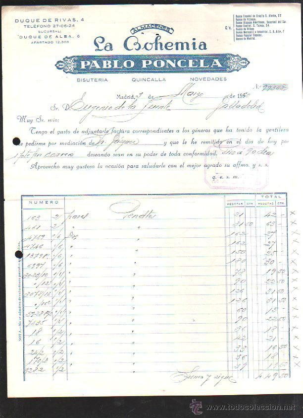 Alte Rechnungen: FACTURA. ALMACENES LA BOHEMIA. PABLO PONCELA. MADRID. 1950. BISUTERIA. VINTAGE