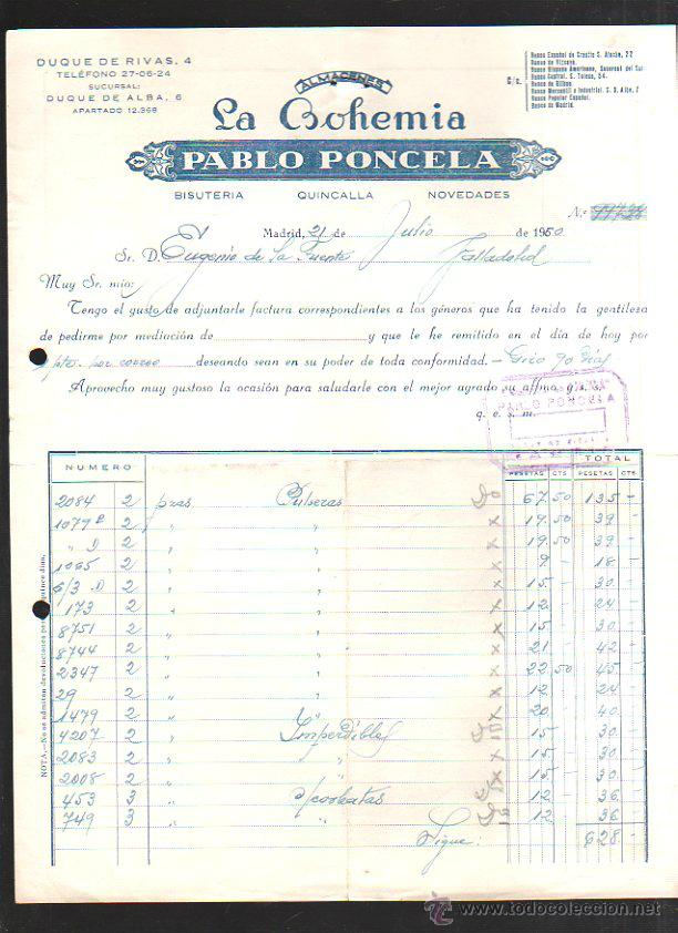 Alte Rechnungen: FACTURA. ALMACENES LA BOHEMIA. PABLO PONCELA. MADRID. 1950. BISUTERIA. VINTAGE