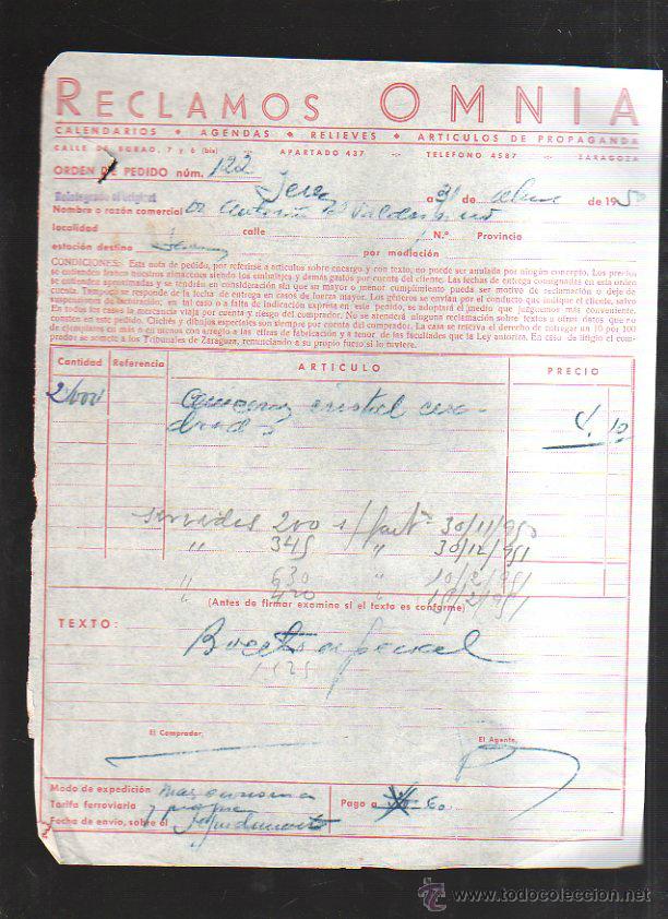 Alte Rechnungen: FACTURA. RECLAMOS OMNIA. PUBLICIDAD. CALENDARIOS. ZARAGOZA. 1950