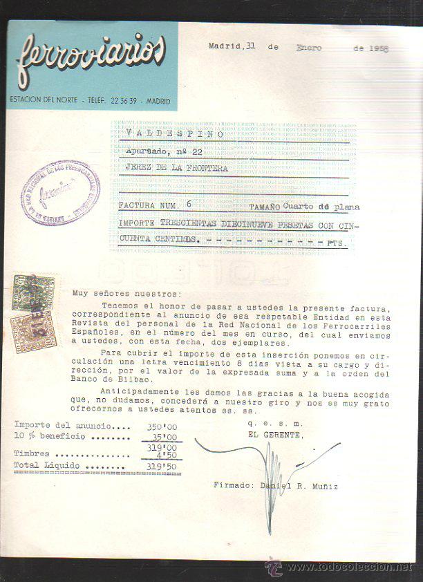 Alte Rechnungen: FACTURA. REVISTA FERROVIARIOS. MADRID. 1958. INSERCION DE ANUNCIO PUBLICITARIO