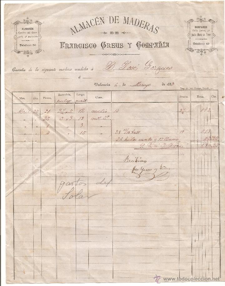 Facturas antiguas: Maderas Francisco Creus y Compa&ntilde;&iacute;a. Valencia 1883 - Foto 1