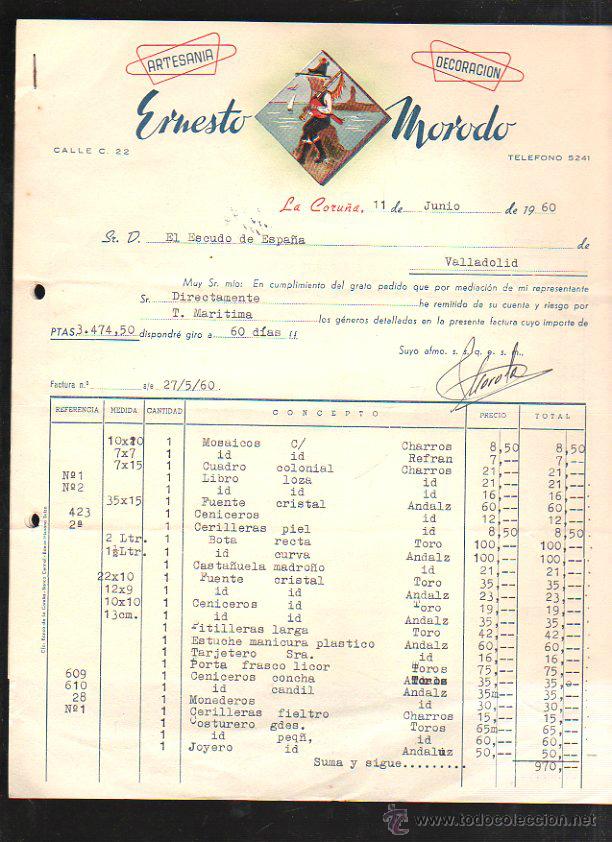 Old Invoices: FACTURA. ERNESTO MORODO. ARTESANIA, DECORACION. LA CORU&Ntilde;A. 1960. 4 HOJAS