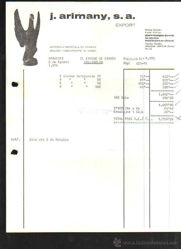 Old Invoices: FACTURA. J.ARIMANY S.A. VALLADOLID. 1971.