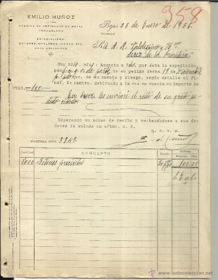 Old Invoices: FACTURA DE EMILIO MU&Ntilde;OZ. F&Aacute;BRICA DE ART&Iacute;CULOS DE METAL TROQUELADO. B&Eacute;JAR. SALAMANCA. 1926