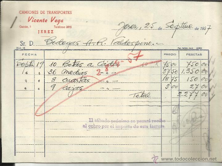 Old Invoices: FACTURA DE VICENTE VEGA. CAMIONES DE TRANSPORTES. JEREZ DE LA FRONTERA. C&Aacute;DIZ. 1957