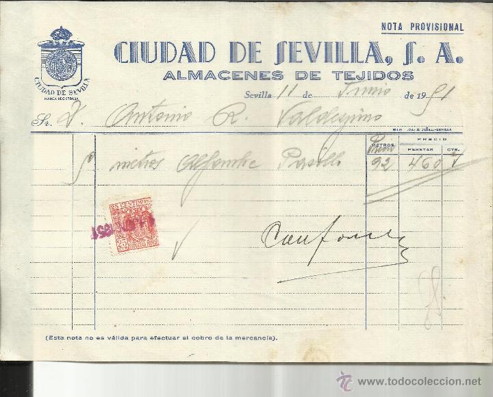 Old Invoices: FACTURA DE CIUDAD DE SEVILLA, S.A. ALMACENES DE TEJIDOS. SEVILLA. 1951