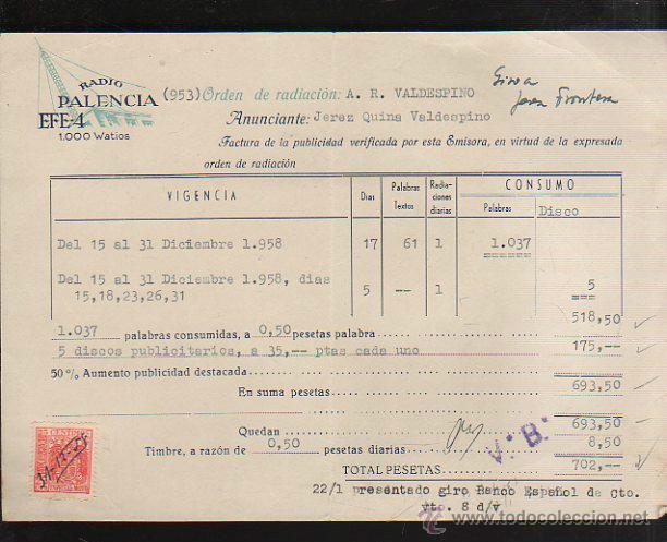 Old Invoices: FACTURA. RADIO PALENCIA EFE-4. PUBLICIDAD. 1958.