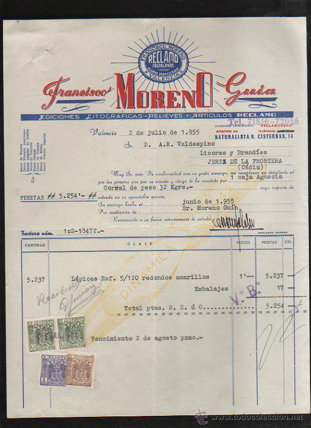 Old Invoices: FACTURA. FRANCISCO MORENO GUIA. PLUMAS PARA ESCRIBIR. VALENCIA. 1955.