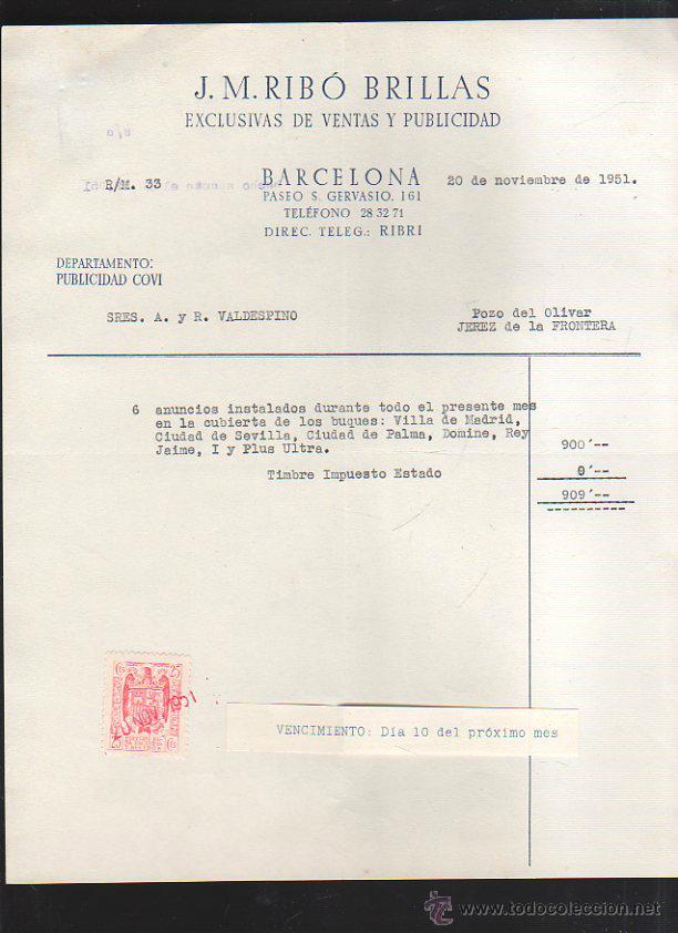 Old Invoices: FACTURA. J.M.RIBO BRILLAS. PUBLICIDAD. BARCELONA. 1951