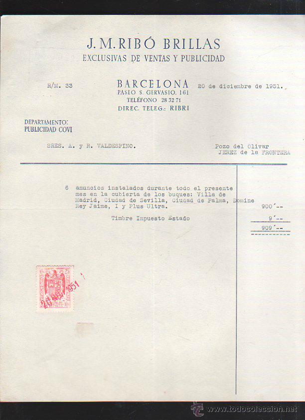 Old Invoices: FACTURA. J.M.RIBO BRILLAS. PUBLICIDAD. BARCELONA. 1951