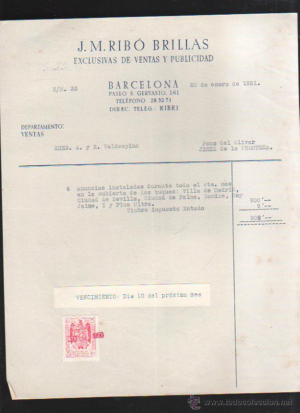 Old Invoices: FACTURA. J.M.RIBO BRILLAS. PUBLICIDAD. BARCELONA. 1951