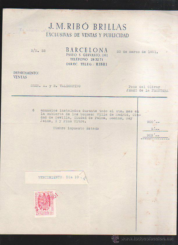 Old Invoices: FACTURA. J.M.RIBO BRILLAS. PUBLICIDAD. BARCELONA. 1951