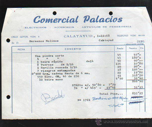 Old Invoices: FACTURA. COMERCIAL PALACIOS. CATALAYUD. 1968.