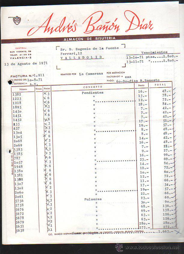 Old Invoices: FACTURA. ANDRES BA&Ntilde;ON DIAZ. ALMACEN DE BISUTERIA. VALLADOLID. 1971