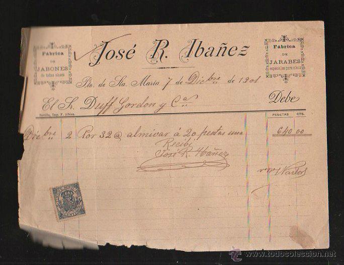 Old Invoices: FACTURA. JOSE R.IBA&Ntilde;EZ. FABRICA DE JABONES Y JARABES PARA VINOS. PUERTO DE SANTA MARIA, CADIZ. 1901
