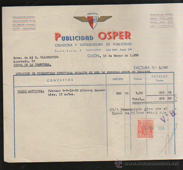 Old Invoices: FACTURA. PUBLICIDAD OSPER. GIJON, ASTURIAS. 1958