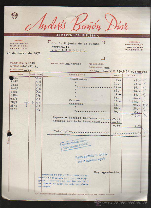 Old Invoices: FACTURA. ANDRES BA&Ntilde;ON DIAZ. ALMACEN DE BISUTERIA. VALENCIA. 1971