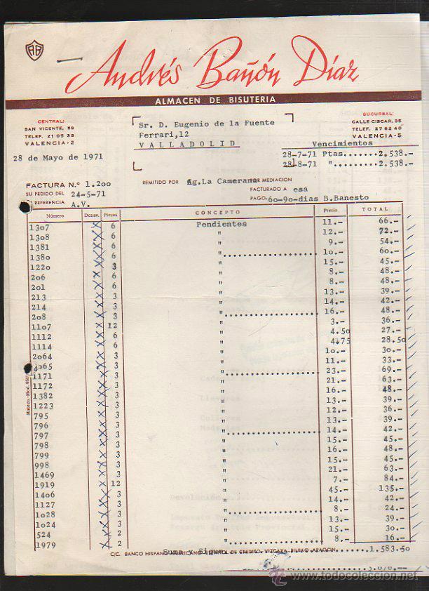 Old Invoices: FACTURA. ANDRES BA&Ntilde;ON DIAZ. ALMACEN DE BISUTERIA. VALENCIA. 1971.
